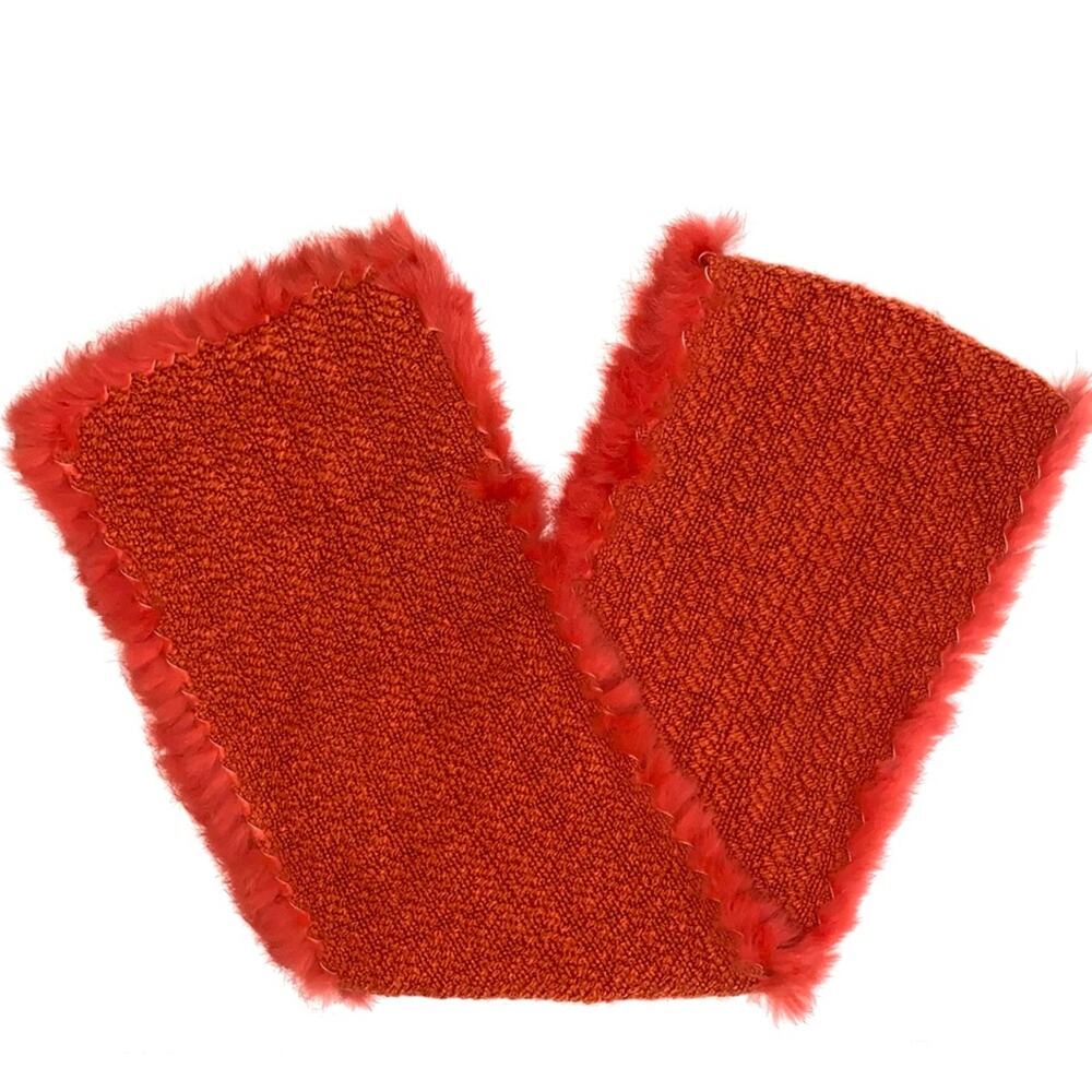 Angora Fur Trim Retro Orange Knit Rectangle Scarf